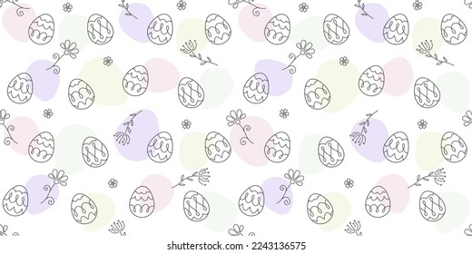 Black outline Easter eggs, flowers and inflorescences on a white background with pale colored eggs. Festive endless texture. Vector seamless pattern for festive design, wrapping paper, giftwrap, print