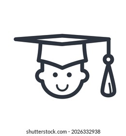 Black outline education and knowledge vector icon of a student s head with a cap. Fully editable stroke isolated on white transparent back ground.