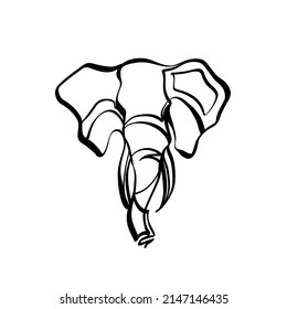 Black outline elephant head on white background. Graphic drawing. Vector illustration.