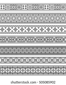 Black outline embroidery borders set with traditional design. Vector illustration