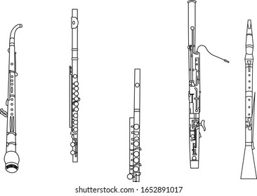 Dibujos en línea negra de trozo de cuerno inglés, flauta, flauta, color, baszón y oboo instrumentos musicales sobre fondo blanco