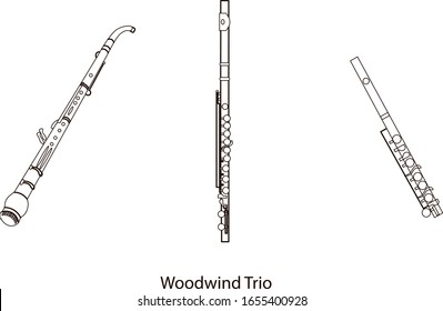 Black outline English horn, flute and piccolo isolated on white background. Musical instruments for template or art school dictionary illustration