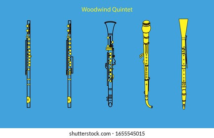 Black outline English horn, flute, piccolo and oboe isolated on blue background. Musical instruments for template or art school dictionary illustration