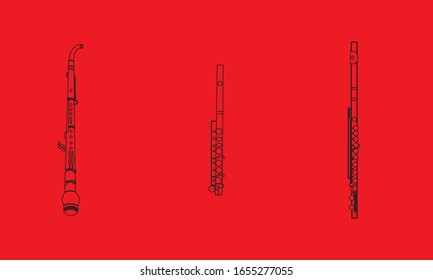 Black outline English horn, piccolo and flute isolated on red background. Musical instruments for template or art school dictionary illustration