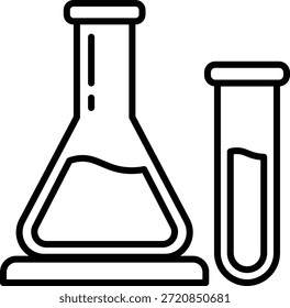 Esquema negro del matraz y tubo de ensayo de Erlenmeyer con la ciencia líquida del laboratorio