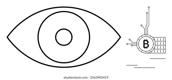 A black outline of an eye with a circle inside, next to a digital representation of a Bitcoin coin, featuring circuit lines. Ideal for cryptocurrency, financial security, blockchain technology