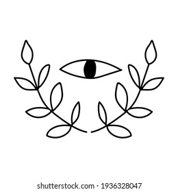 Black outline eye and floral in modern mystical style. Vector magic illustrations. Hand drawn doodles sketch isolated on white background.