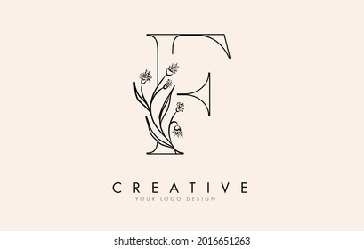 Black Outline F letter logo design with black flowers vector illustration. Creative and elegant icon.