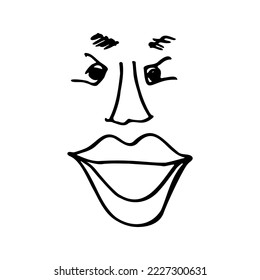 Black outline face sketch design. Eyes, nose, mouth, eyebrows Hand drawn outline. Silly face illustration. Simple cartoon doodle style face sketch