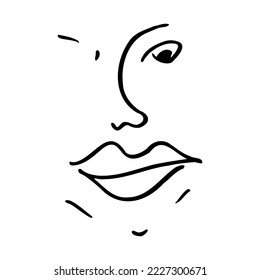 Black outline face sketch design. Eyes, nose, mouth, eyebrows Hand drawn outline. Silly face illustration. Simple cartoon doodle style face sketch