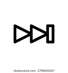 A black outline of a fast forward symbol, consisting of two triangles pointing right and a vertical bar. Music and Media single line icon UI design.