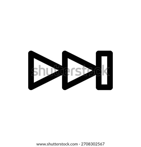 A black outline of a fast forward symbol, consisting of two triangles pointing right and a vertical bar. Music and Media single line icon UI design.