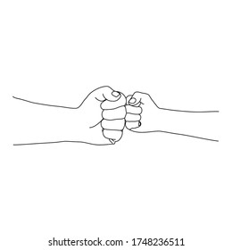 The black outline of father or mother and kid hands are doing fist bump together. Harmonious, Encourage, Business, family, communication, friendship and love concept. Illustration vector.