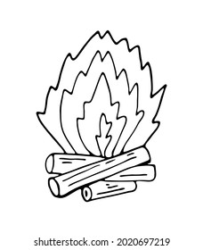 Black outline fire vector illustration. Hand drawn sketch of campfire isolated on white background.