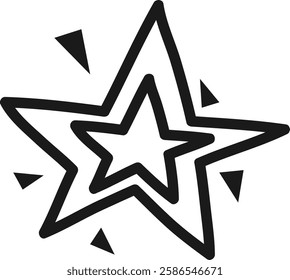 Black outline of a five pointed star surrounded by sparkles, creating a captivating and versatile icon perfect for various design projects and artistic expressions