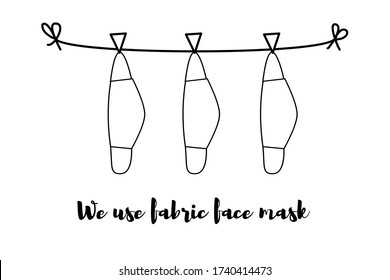 Black outline flat vector illustration of fabric face mask hanging for drying. Use fabric mask for protect coronavirus (COVID-19), can re-use and save the world. New normal concept.