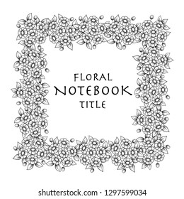 Black outline floral daisy square frame with text isolated on white background