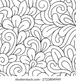 Patrón de doodle floral de contorno negro, fondo abstracto de remolino y flores, diseño de textura dibujado a mano sin costuras, patrón de arte de línea ornamental, Fondo de pantalla monocromático decorativo, intrincados remolinos botánicos y pétalos, obras de arte de estilo de libro para colorear, repitiendo el fondo de textura floral y remolino.