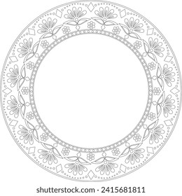 Black outline floral folk lace round frame.Use for invitations,greetings,holiday events, copy space, coloring page, embroidery template 