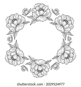 Black outline floral frame on white background. Beautyful circle frame with peonies flowers and leaves, for invitations and card. Vector botanical line art.