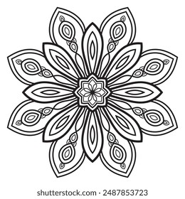 Black outline floral mandala. Doodle decorative element for coloring book isolated on white background. Flower, round geometric lace.