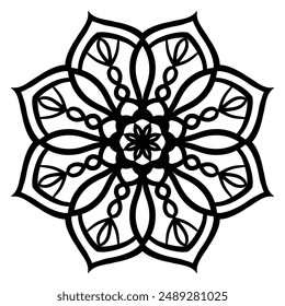 Black outline floral mandala. Doodle decorative element for coloring book isolated on white background. Flower, round geometric lace.