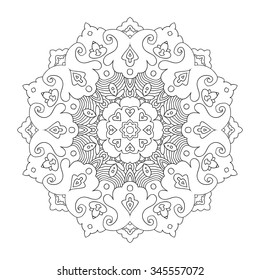 Black outline floral mandala, white background, hand drawn vector illustration