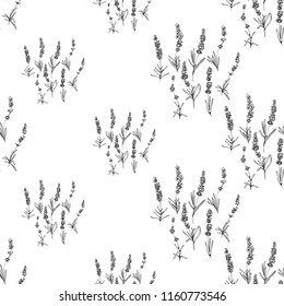 Black outline floral seamless with lavender herbs. Vector pattern or card design. Vintage botanical sketch illustration on white background.