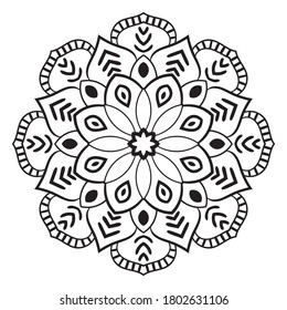 Black outline flower mandala. Doodle round decorative element for coloring book isolated on white background. Floral geometric circle. Vector illustration. 