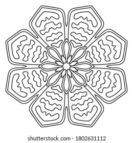 Black outline flower mandala. Doodle round decorative element for coloring book isolated on white background. Floral geometric circle. Vector illustration. 