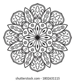 Black outline flower mandala. Doodle round decorative element for coloring book isolated on white background. Floral geometric circle. Vector illustration. 