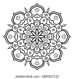 Black outline flower mandala. Doodle round decorative element for coloring book isolated on white background. Floral geometric circle. Vector illustration. 
