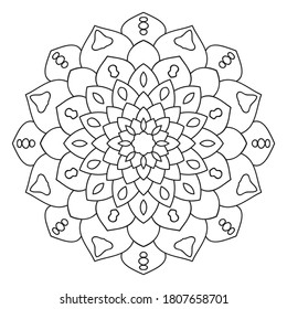Black outline flower mandala. Doodle round decorative element for coloring book isolated on white background. Floral geometric circle. Vector illustration.