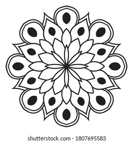 Black outline flower mandala. Doodle round decorative element for coloring book isolated on white background. Floral geometric circle. Vector illustration.