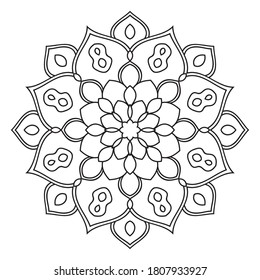 Black outline flower mandala. Doodle round decorative element for coloring book isolated on white background. Floral geometric circle. Vector illustration.