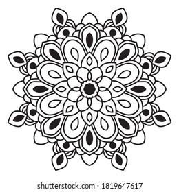 Black outline flower mandala. Doodle round decorative element for coloring book isolated on white background. Floral geometric circle. Vector illustration.