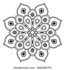 Black outline flower mandala. Doodle round decorative element for coloring book isolated on white background. Floral geometric circle. Vector illustration.
