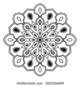 Mandala de flor de contorno negro. Elementos decorativos de cartón redondo para el libro de colores aislados en fondo blanco. Círculo geométrico floral. Ilustración vectorial.