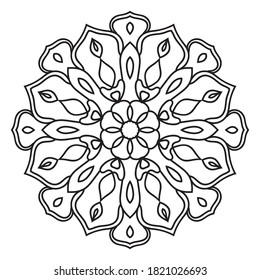 Black outline flower mandala. Doodle round decorative element for coloring book isolated on white background. Floral geometric circle. Vector illustration.