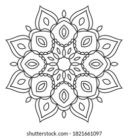 Black outline flower mandala. Doodle round decorative element for coloring book isolated on white background. Floral geometric circle. Vector illustration.