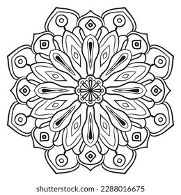 Black outline flower mandala. Doodle round decorative element for coloring book isolated on white background. Floral geometric circle. 