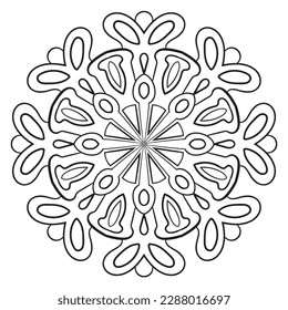 Black outline flower mandala. Doodle round decorative element for coloring book isolated on white background. Floral geometric circle. 