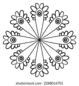 Black outline flower mandala. Doodle round decorative element for coloring book isolated on white background. Floral geometric circle. 