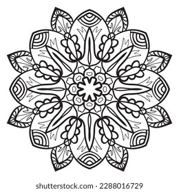 Black outline flower mandala. Doodle round decorative element for coloring book isolated on white background. Floral geometric circle. 