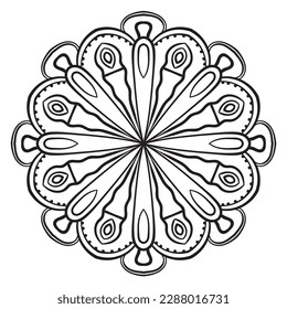Black outline flower mandala. Doodle round decorative element for coloring book isolated on white background. Floral geometric circle. 
