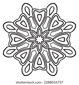 Black outline flower mandala. Doodle round decorative element for coloring book isolated on white background. Floral geometric circle. 