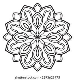 Black outline flower mandala. Doodle round decorative element for coloring book isolated on white background. Floral geometric circle. 