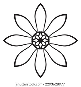 Black outline flower mandala. Doodle round decorative element for coloring book isolated on white background. Floral geometric circle. 