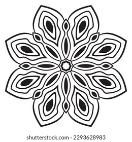 Black outline flower mandala. Doodle round decorative element for coloring book isolated on white background. Floral geometric circle. 