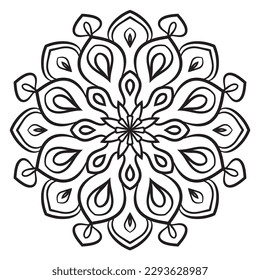 Black outline flower mandala. Doodle round decorative element for coloring book isolated on white background. Floral geometric circle. 